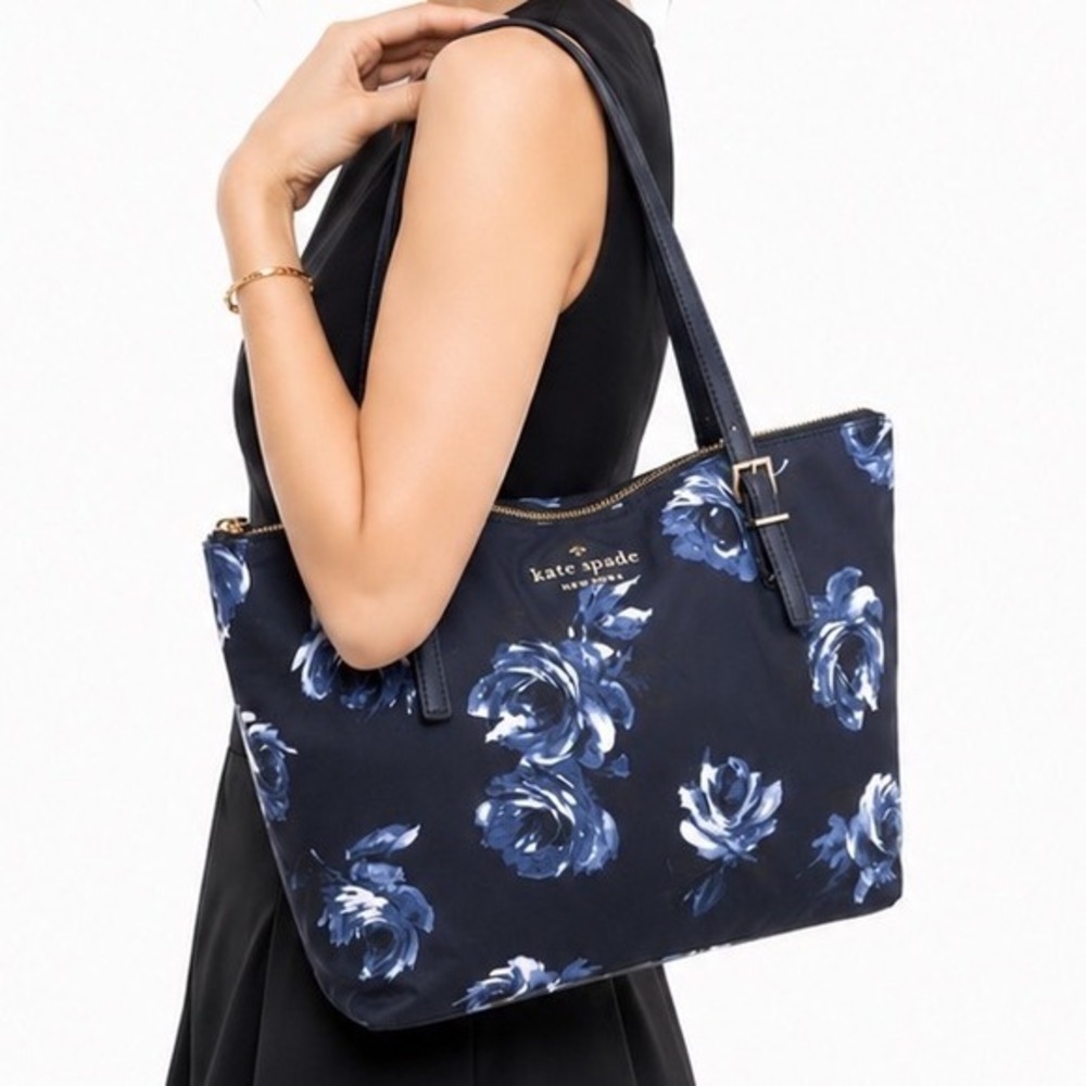 Kate Spade Navy‎ Blue Floral Rose Nylon Tote Bag Shoulder Purse Gold Logo 38-09